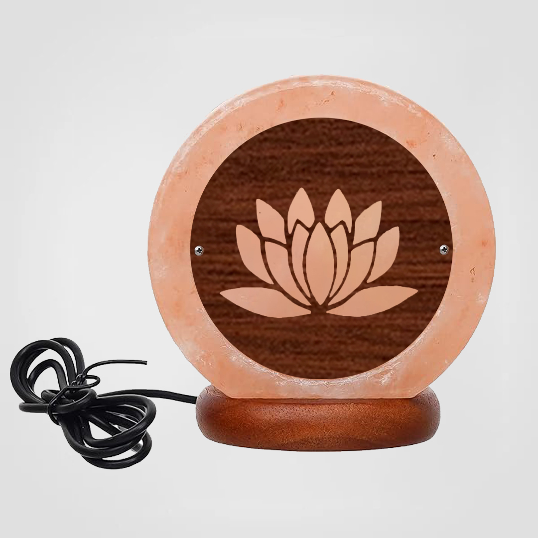 Himalayan Salt Lamp USB Lotus Flower Motif Wooden Sheet