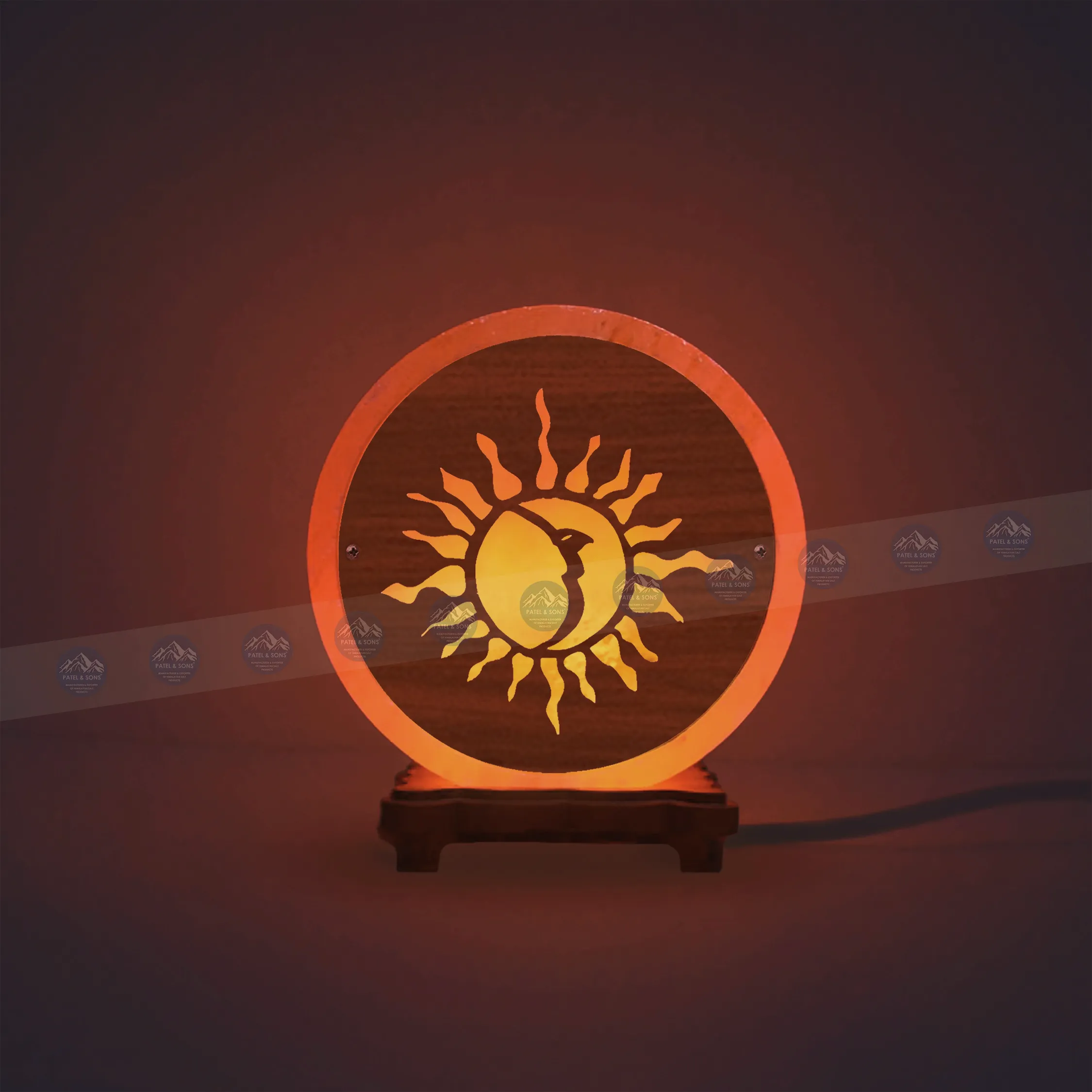 Pink Salt Lamp Wooden Round Sheet (Moon and Sun)