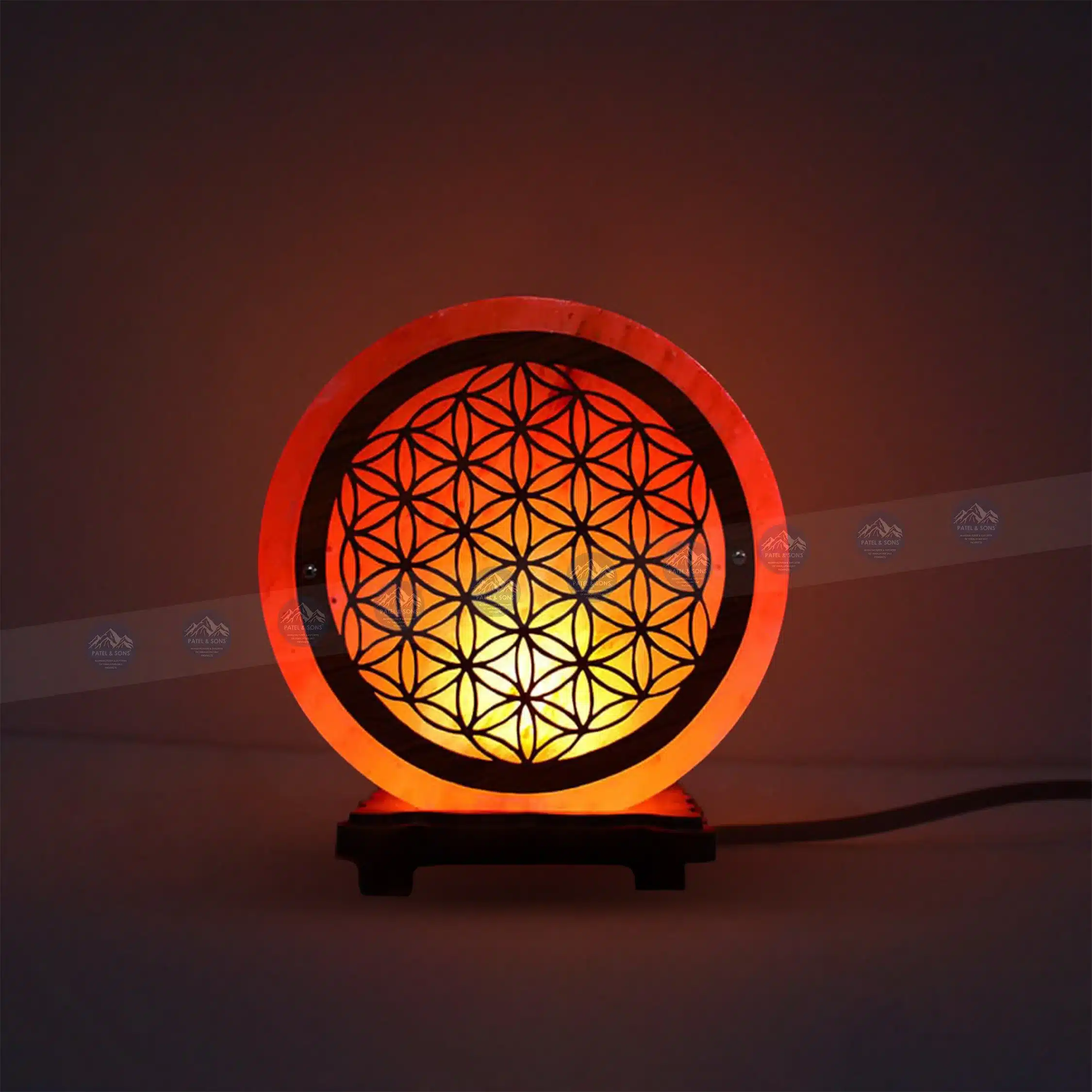 Pink Salt Lamp Wooden Round Sheet (3D Flower of Life)