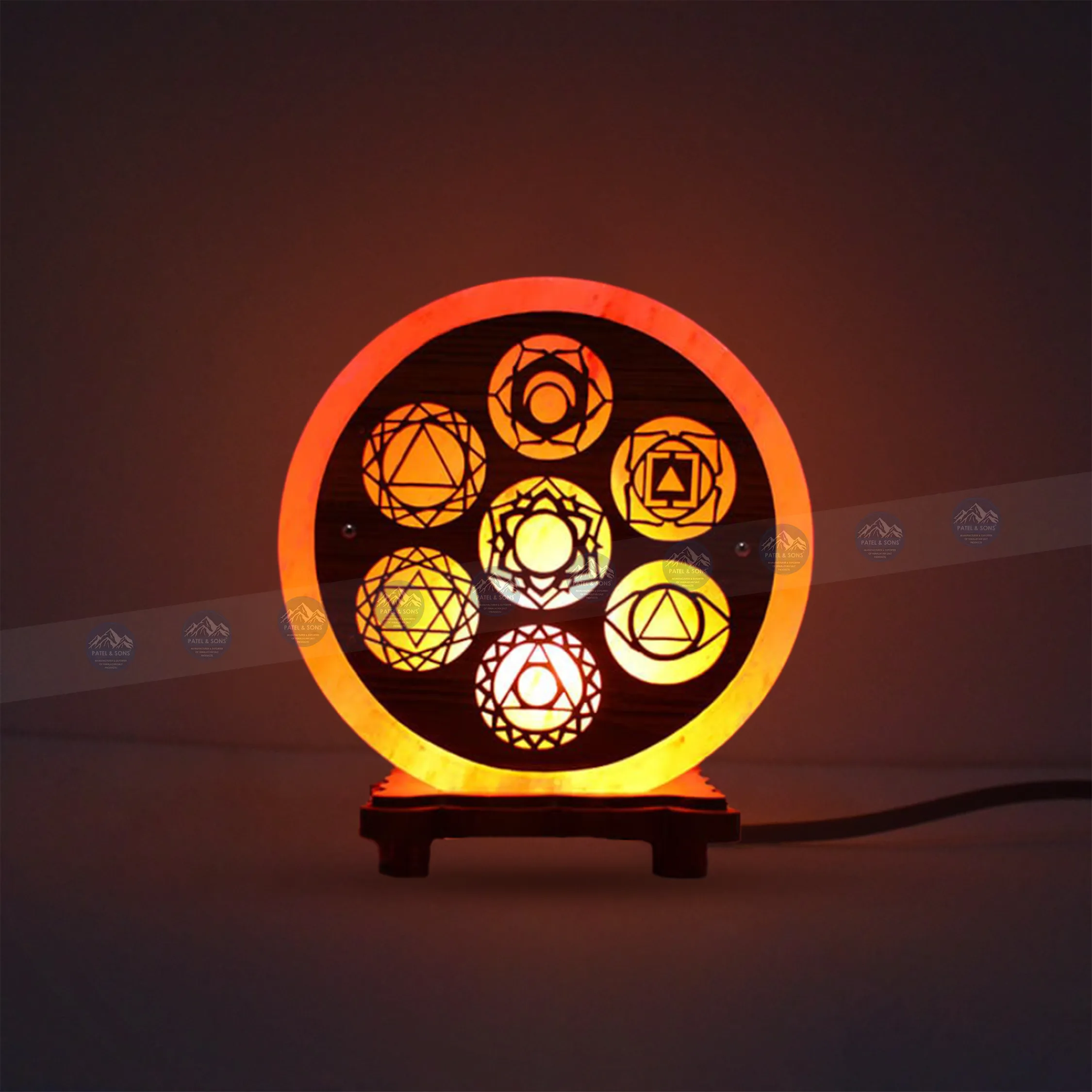 Pink Salt Lamp Wooden Round Sheet (7 Chakras Motif)