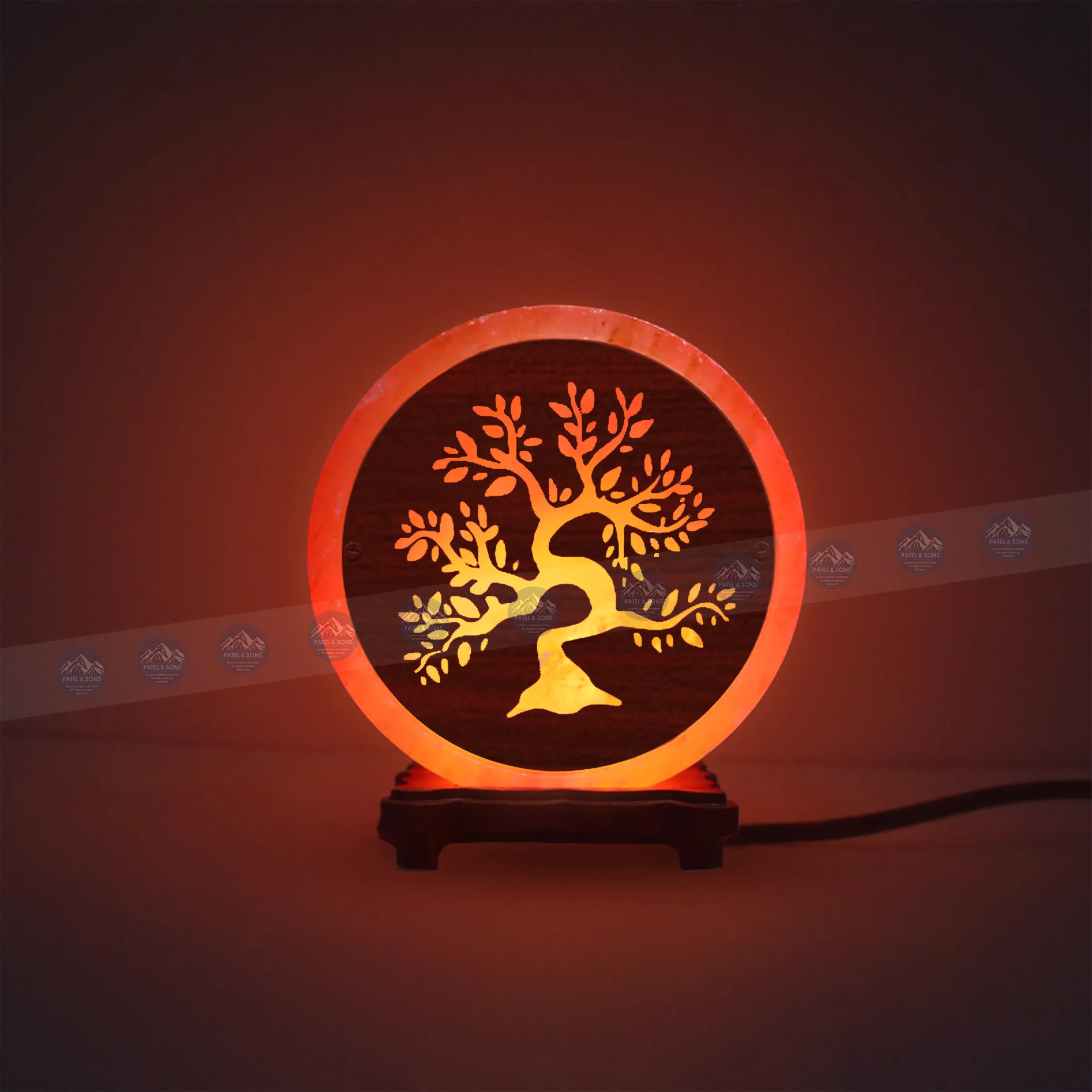 Pink Salt Lamp Wooden Round Sheet (Bonsai Tree)