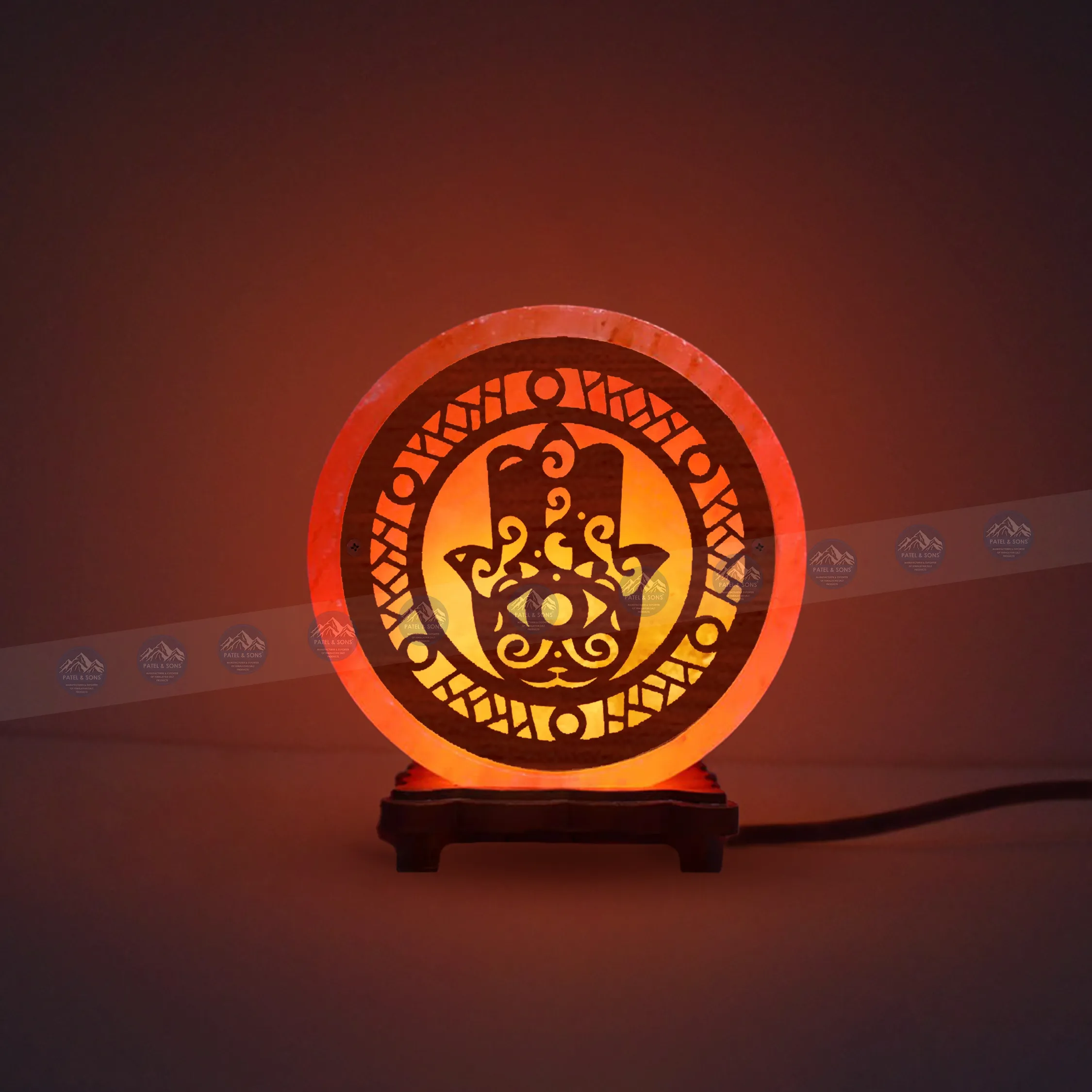 Pink Salt Lamp Wooden Round Sheet (Fatimas Hand Motif)