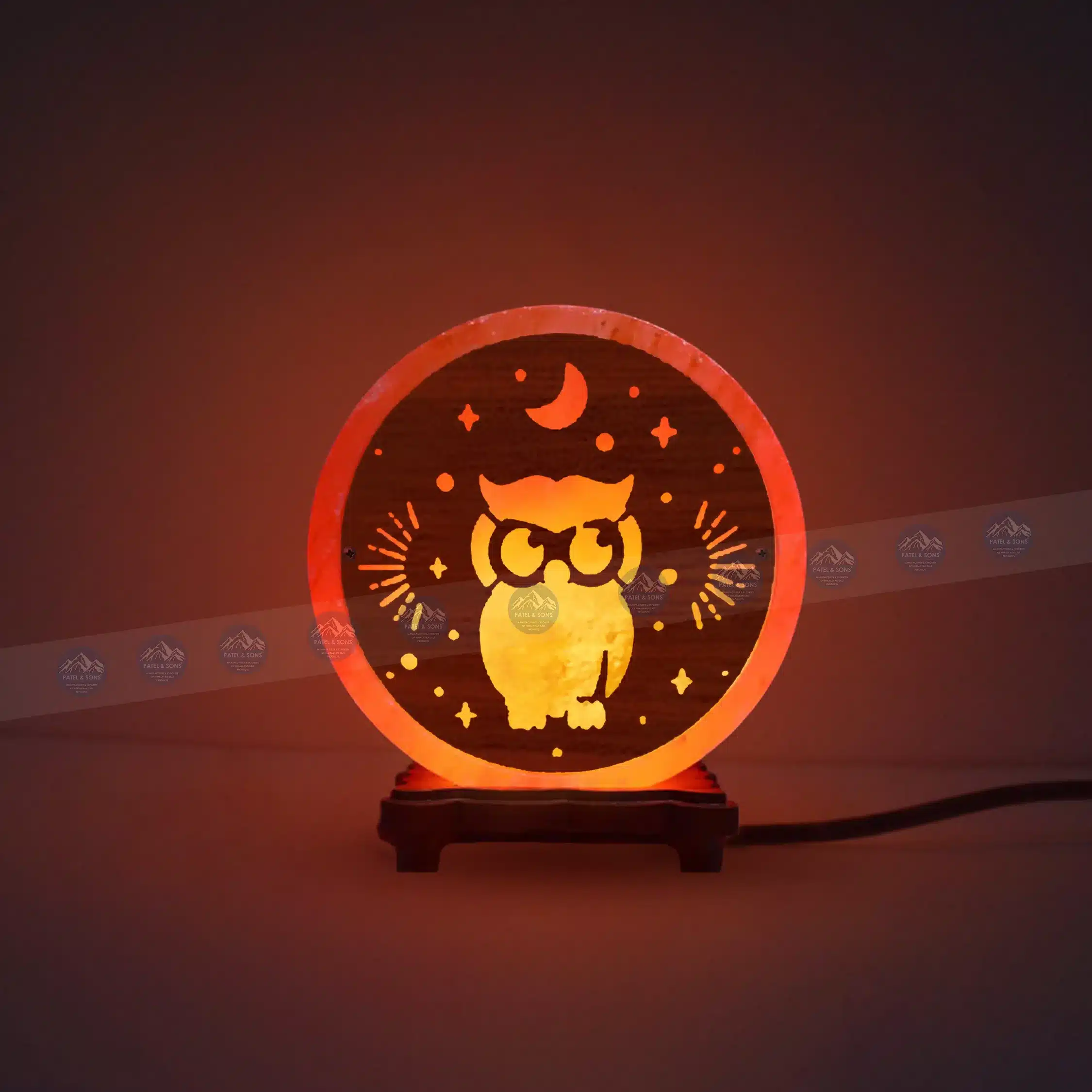 Pink Salt Lamp Wooden Round Sheet (Owl)