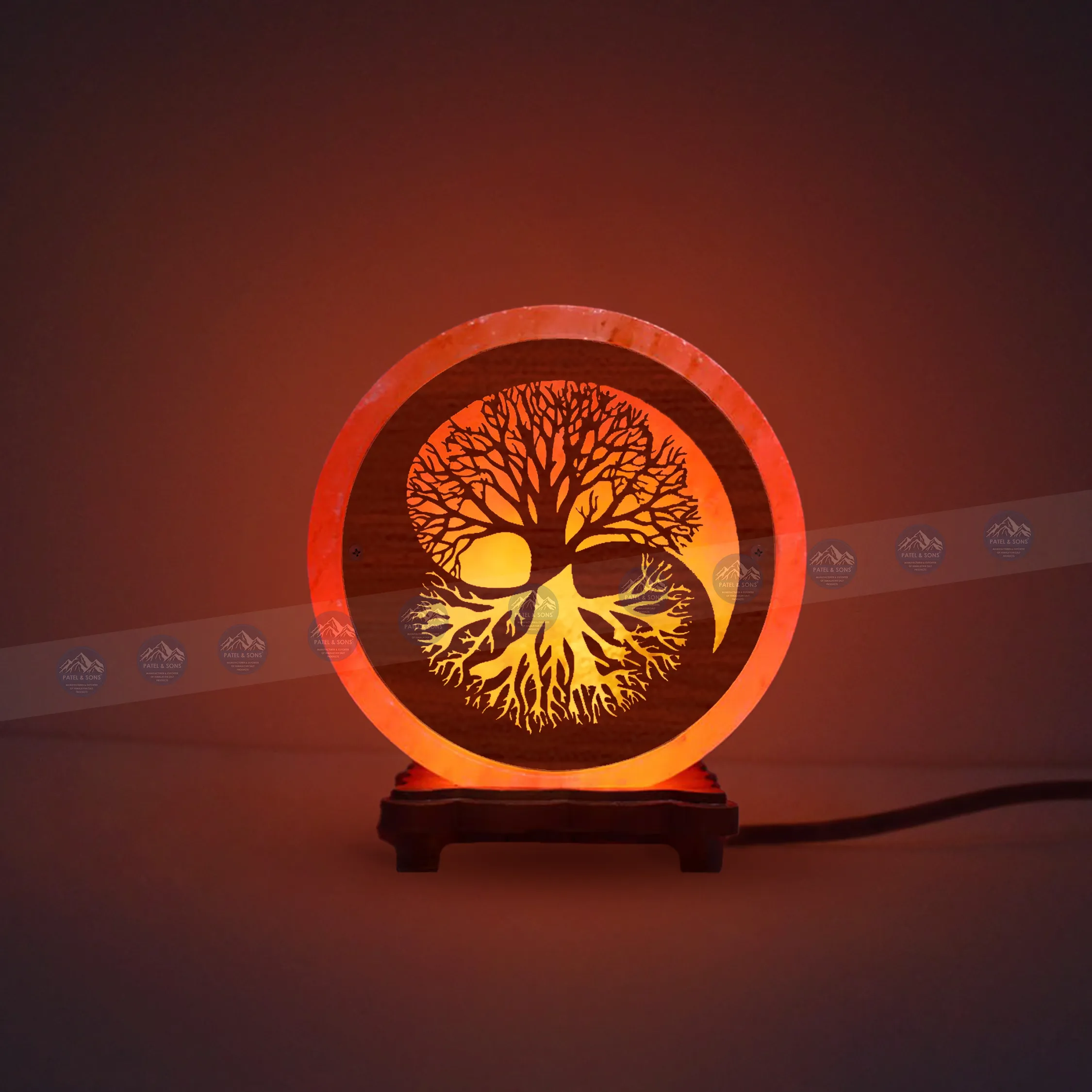 Pink Salt Lamp Wooden Round Sheet (Yin Yang Tree)